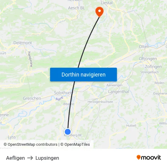 Aefligen to Lupsingen map