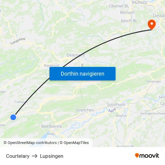 Courtelary to Lupsingen map