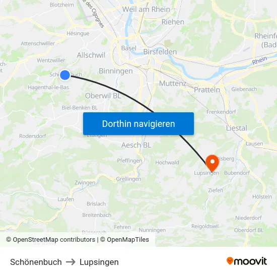 Schönenbuch to Lupsingen map
