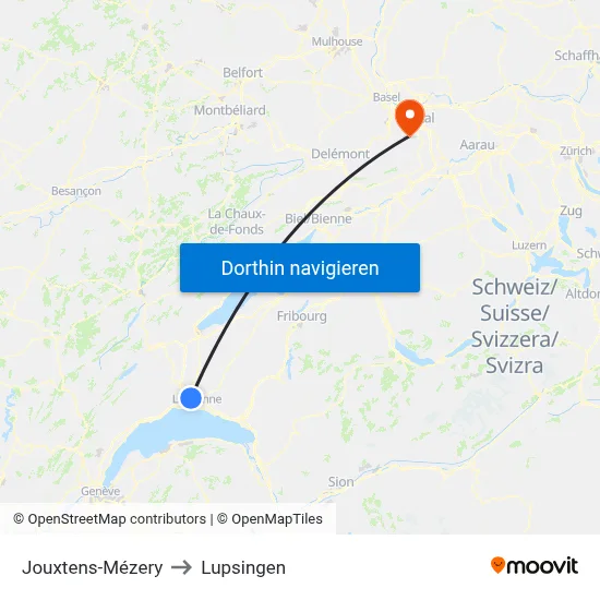 Jouxtens-Mézery to Lupsingen map