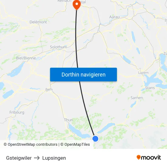 Gsteigwiler to Lupsingen map
