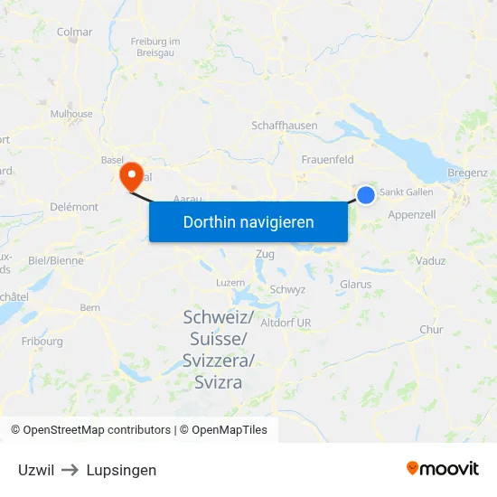 Uzwil to Lupsingen map