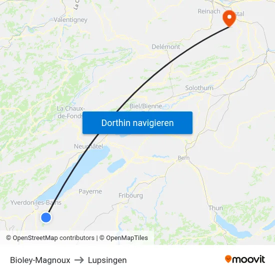 Bioley-Magnoux to Lupsingen map