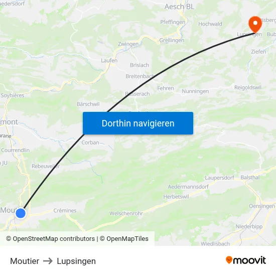 Moutier to Lupsingen map