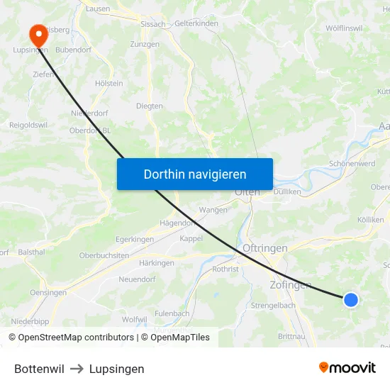 Bottenwil to Lupsingen map