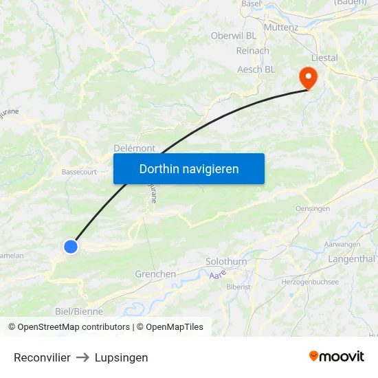 Reconvilier to Lupsingen map