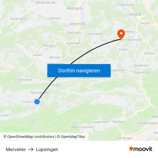 Mervelier to Lupsingen map