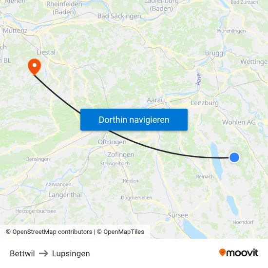 Bettwil to Lupsingen map