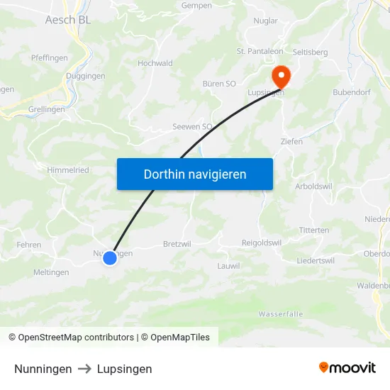 Nunningen to Lupsingen map
