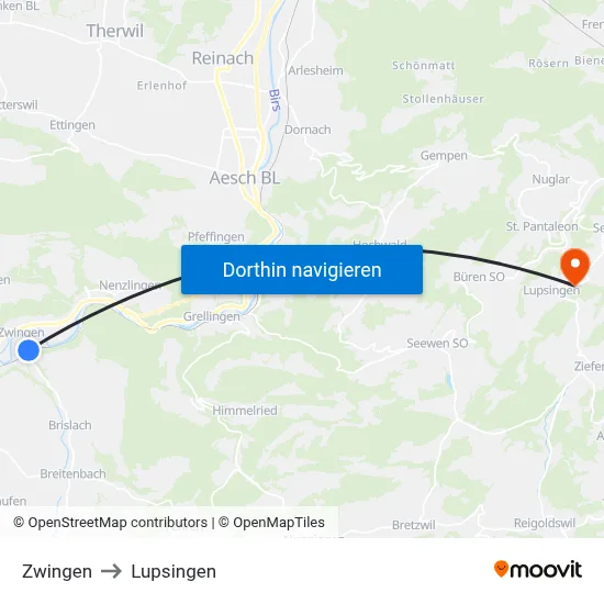 Zwingen to Lupsingen map