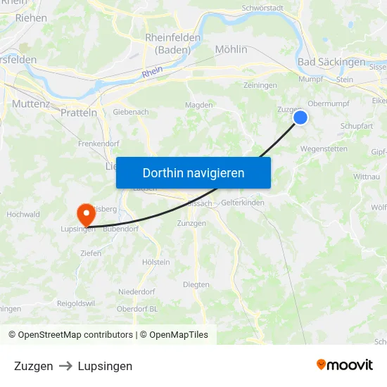 Zuzgen to Lupsingen map