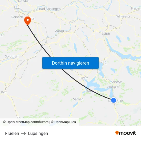 Flüelen to Lupsingen map