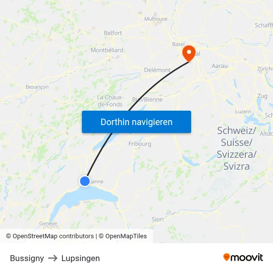 Bussigny to Lupsingen map