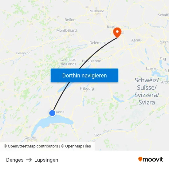 Denges to Lupsingen map