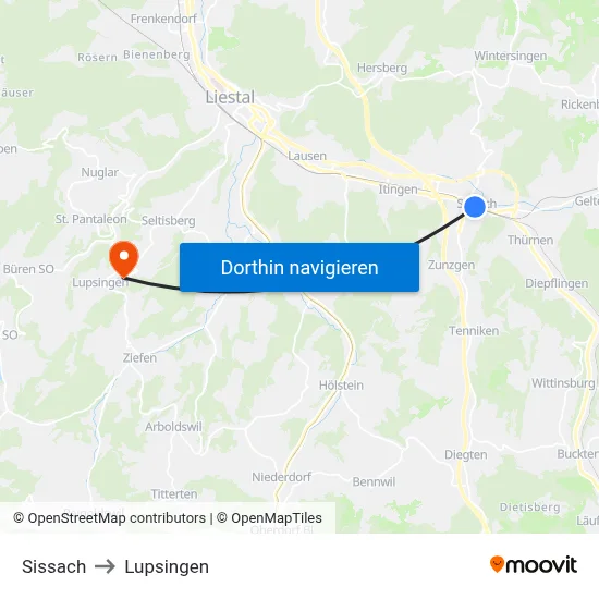 Sissach to Lupsingen map