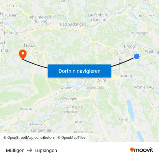 Mülligen to Lupsingen map