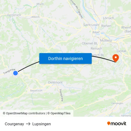Courgenay to Lupsingen map