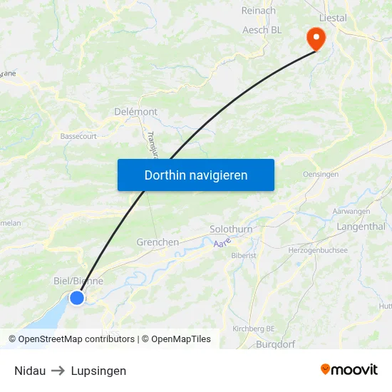Nidau to Lupsingen map