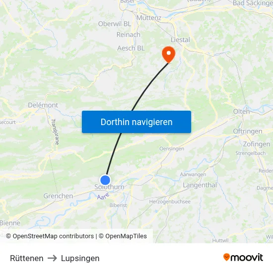 Rüttenen to Lupsingen map
