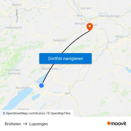 Brüttelen to Lupsingen map