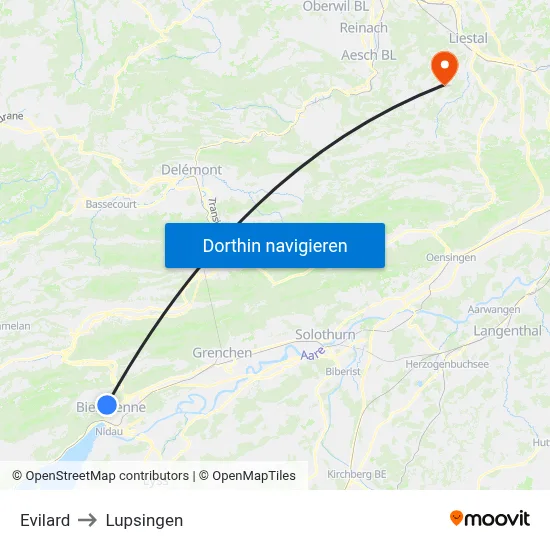 Evilard to Lupsingen map
