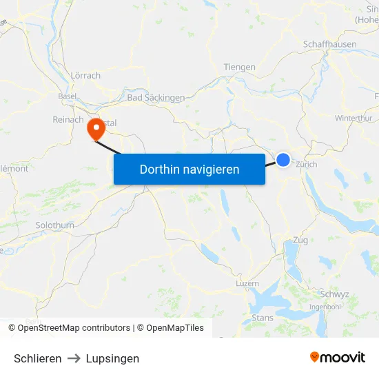 Schlieren to Lupsingen map