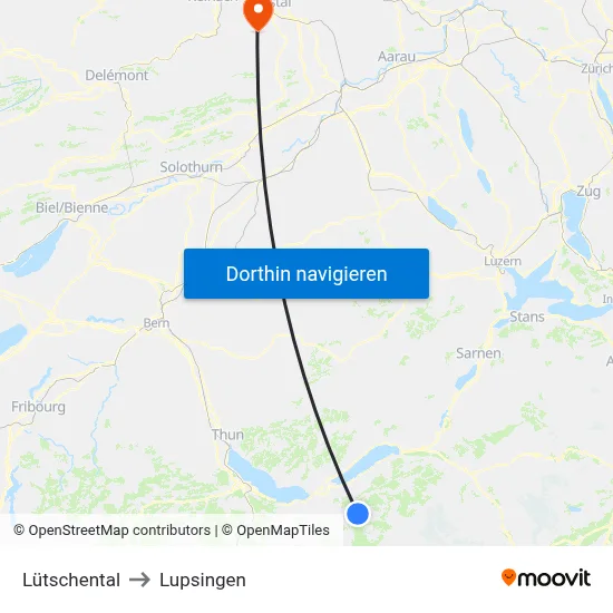 Lütschental to Lupsingen map