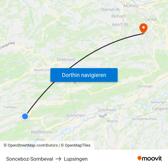 Sonceboz-Sombeval to Lupsingen map