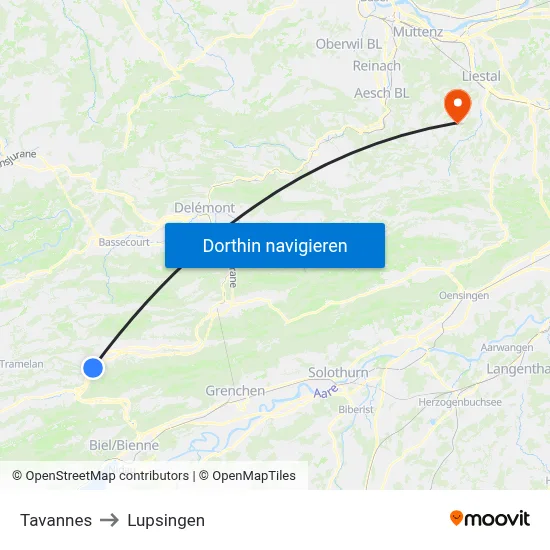 Tavannes to Lupsingen map