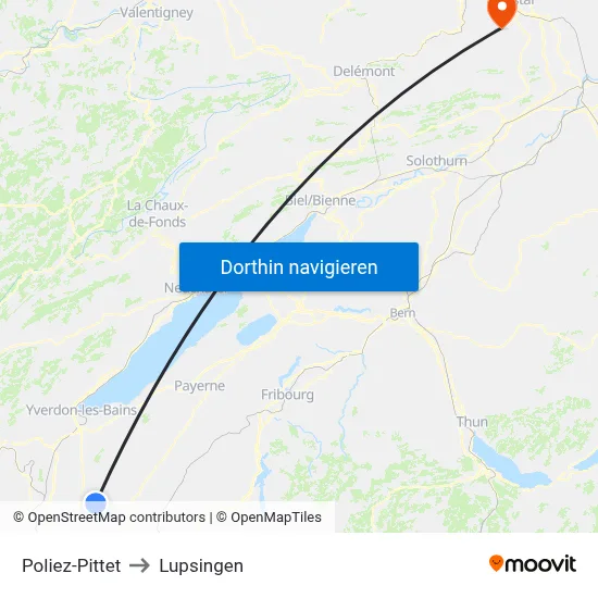 Poliez-Pittet to Lupsingen map