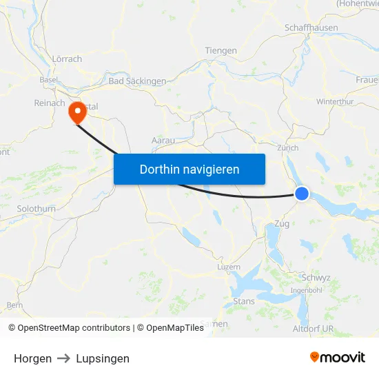 Horgen to Lupsingen map