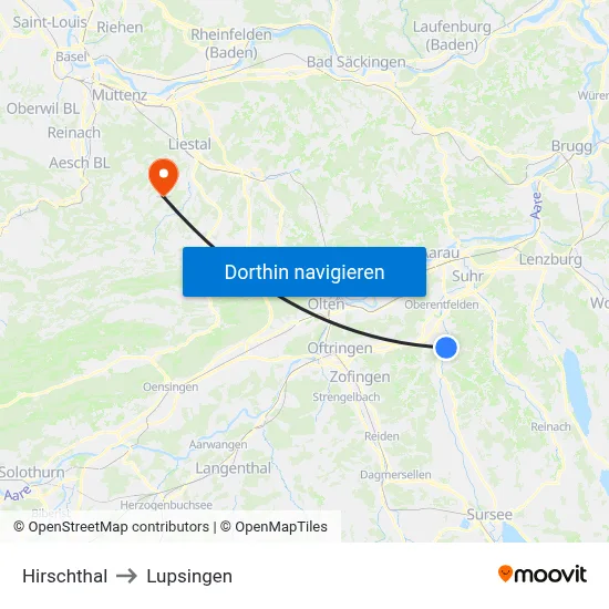 Hirschthal to Lupsingen map