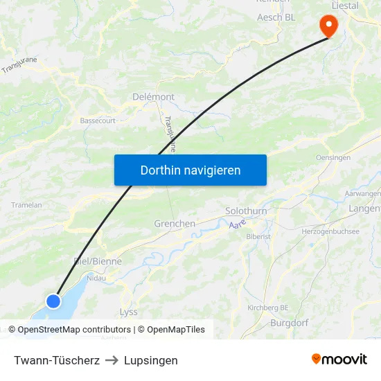 Twann-Tüscherz to Lupsingen map