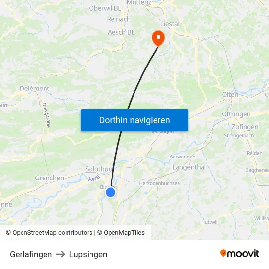 Gerlafingen to Lupsingen map