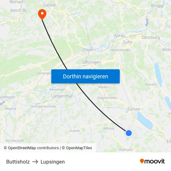 Buttisholz to Lupsingen map