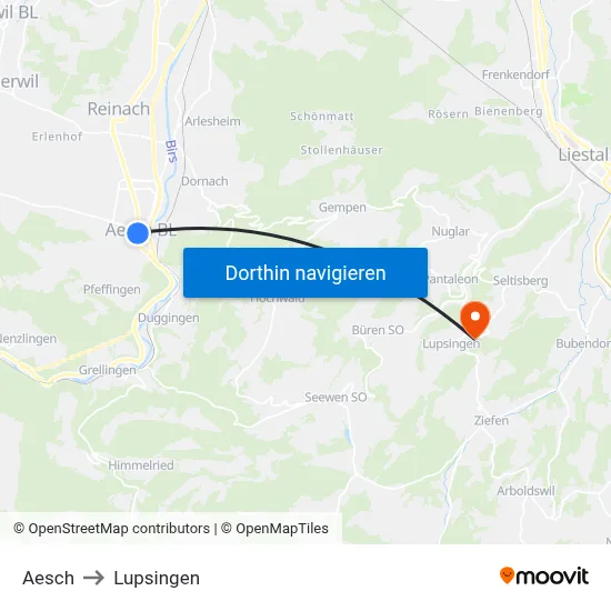 Aesch to Lupsingen map