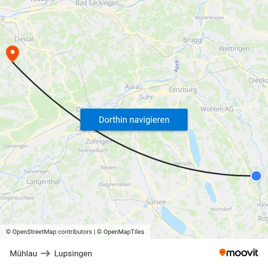 Mühlau to Lupsingen map