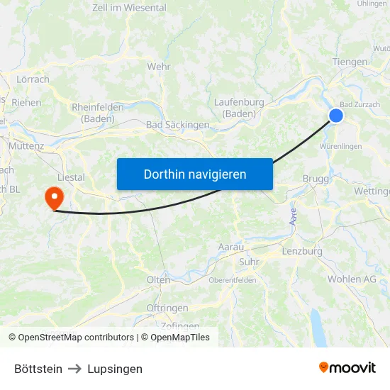 Böttstein to Lupsingen map
