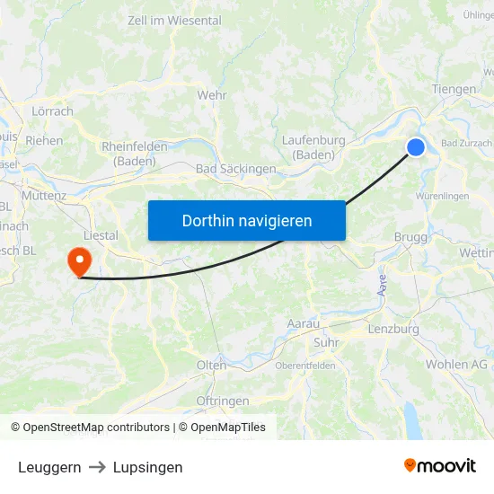 Leuggern to Lupsingen map