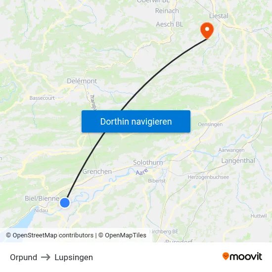 Orpund to Lupsingen map