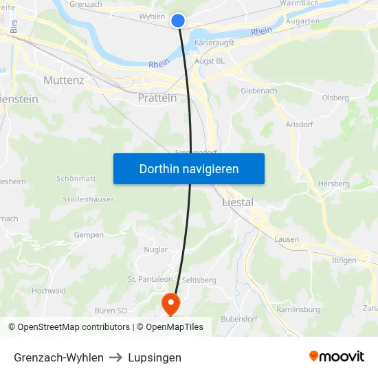 Grenzach-Wyhlen to Lupsingen map