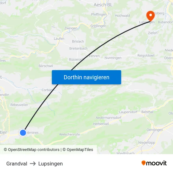 Grandval to Lupsingen map