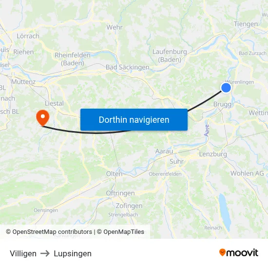 Villigen to Lupsingen map