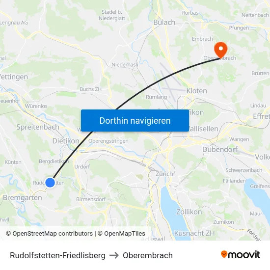 Rudolfstetten-Friedlisberg to Oberembrach map