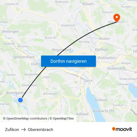 Zufikon to Oberembrach map