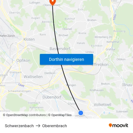 Schwerzenbach to Oberembrach map