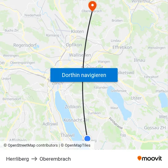 Herrliberg to Oberembrach map