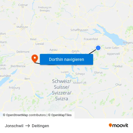 Jonschwil to Deitingen map