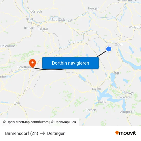 Birmensdorf (Zh) to Deitingen map