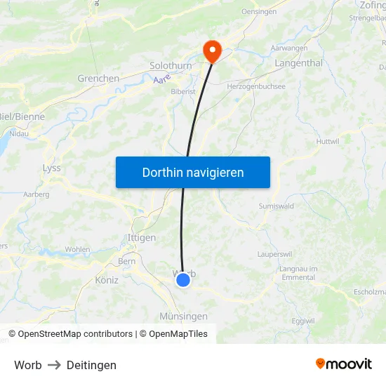 Worb to Deitingen map